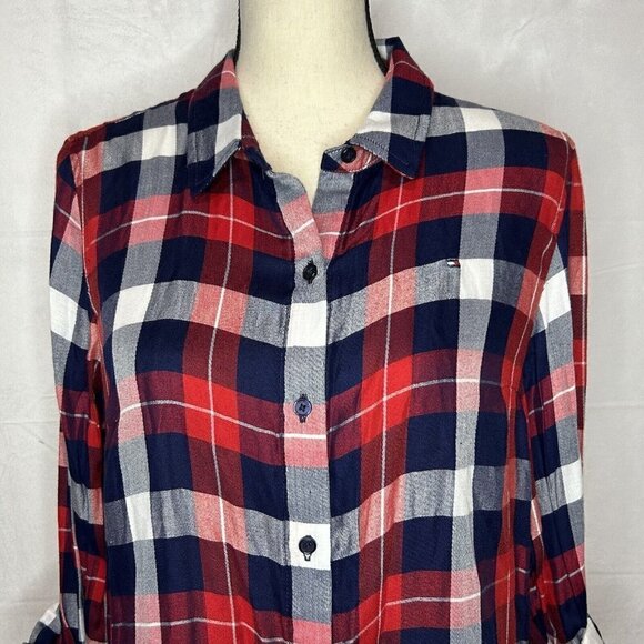 Tommy Hilfiger Red Navy White Checked Roll-Tab Sleeve Button-Down Shirt M - Picture 2 of 9